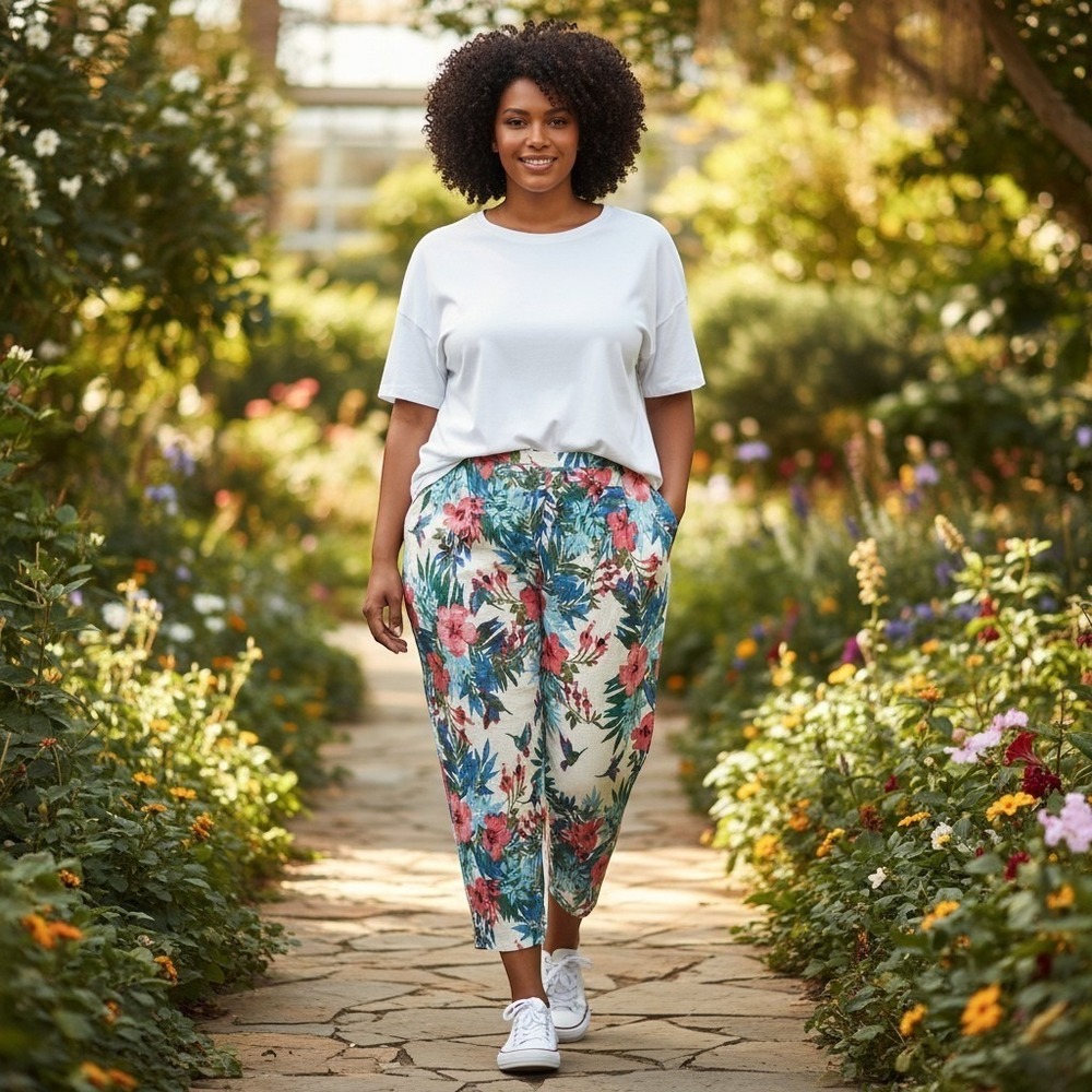 Cuddl Duds Gauze Beach Pants Tropical Floral Hummingbird Relaxed Fit Cream XL